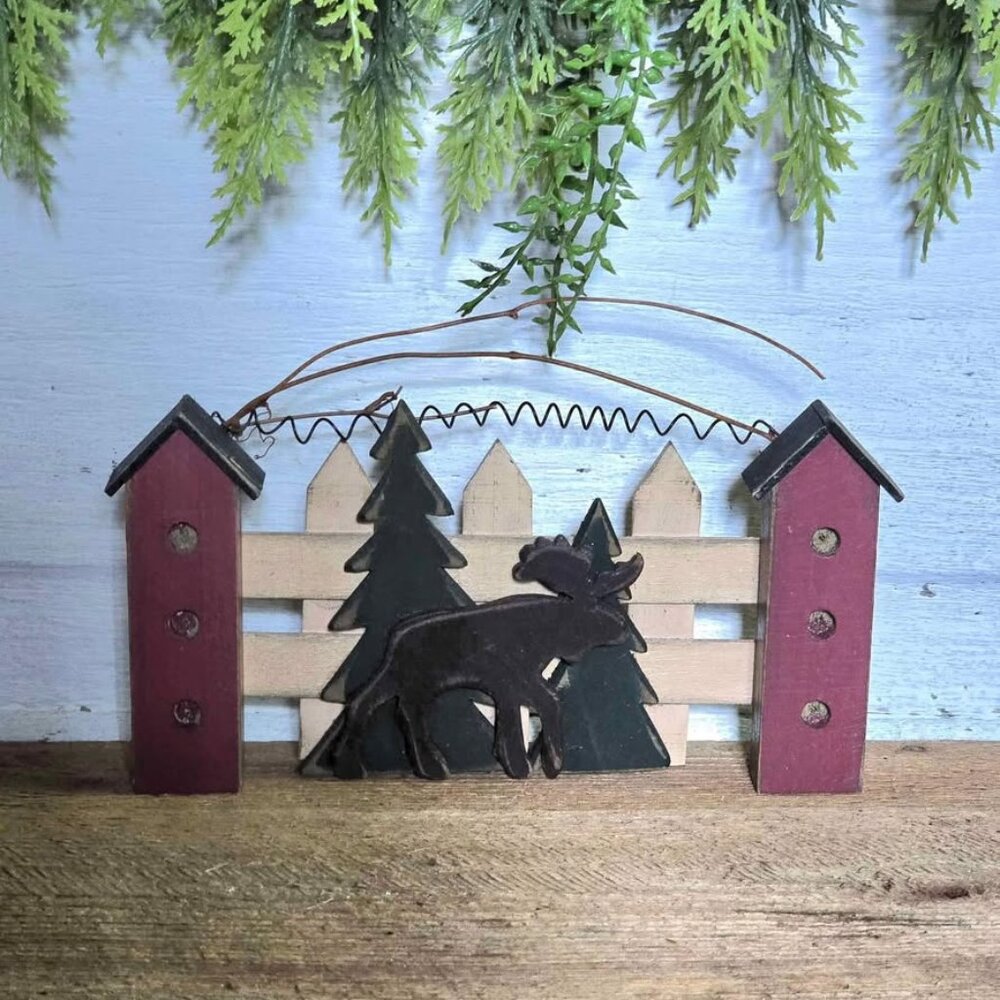 Moose Tree Birdhouse Picket Fence Wall Hanging Primitive Cabin Lodge Decor